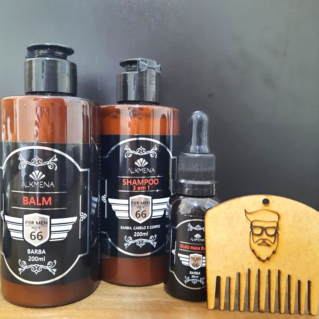 Kit Balm, Óleo para Barba, Shampoo 3x1 e Pente de Madeira para barba For Men - Alkmena