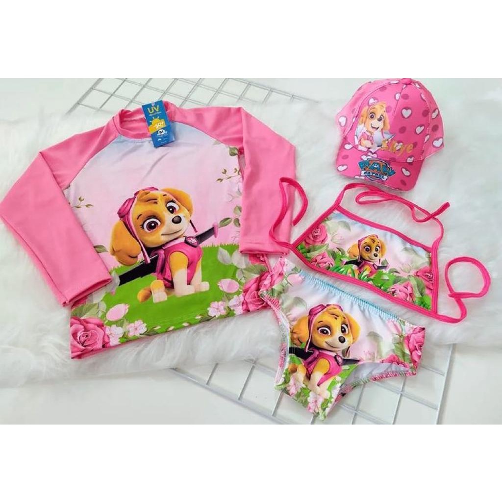 Kit Biquini Infantil + Blusa Com Proteção Solar Infantil + Boné