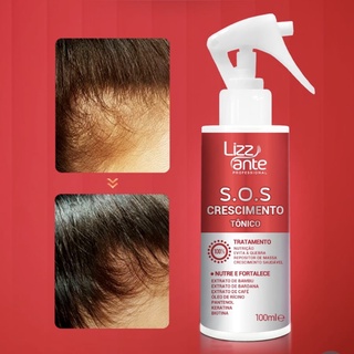 Tônico SOS Crescimento 100 ml Lizz ante - Crescimento Acelerado - Preenche Falhas - Combate Calvice - Trata Alopécia - Aumento Volume Massa Capilar - Combate Caspa Oleosidade - Hidrata - Brilho Intenso - Cabelo Ressecado - Keratina - Óleo Rícino - Biotina