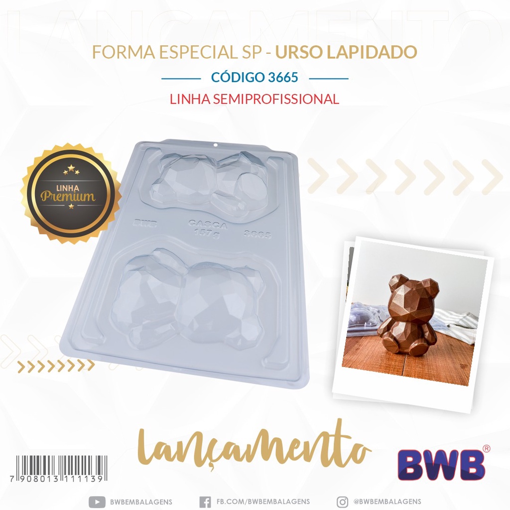 Detalhes do 1~4 Forma BWB Urso Lapidado, Com Silicone(3 partes)Para Bombons de Chocolate E Confeitaria. Cód:3665
