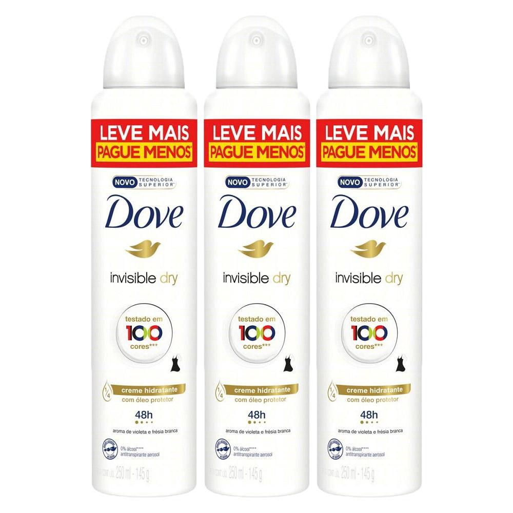 Kit com 3 Desodorantes Antitranspirantes Aerosol Dove Women Invisible Dry 250ml