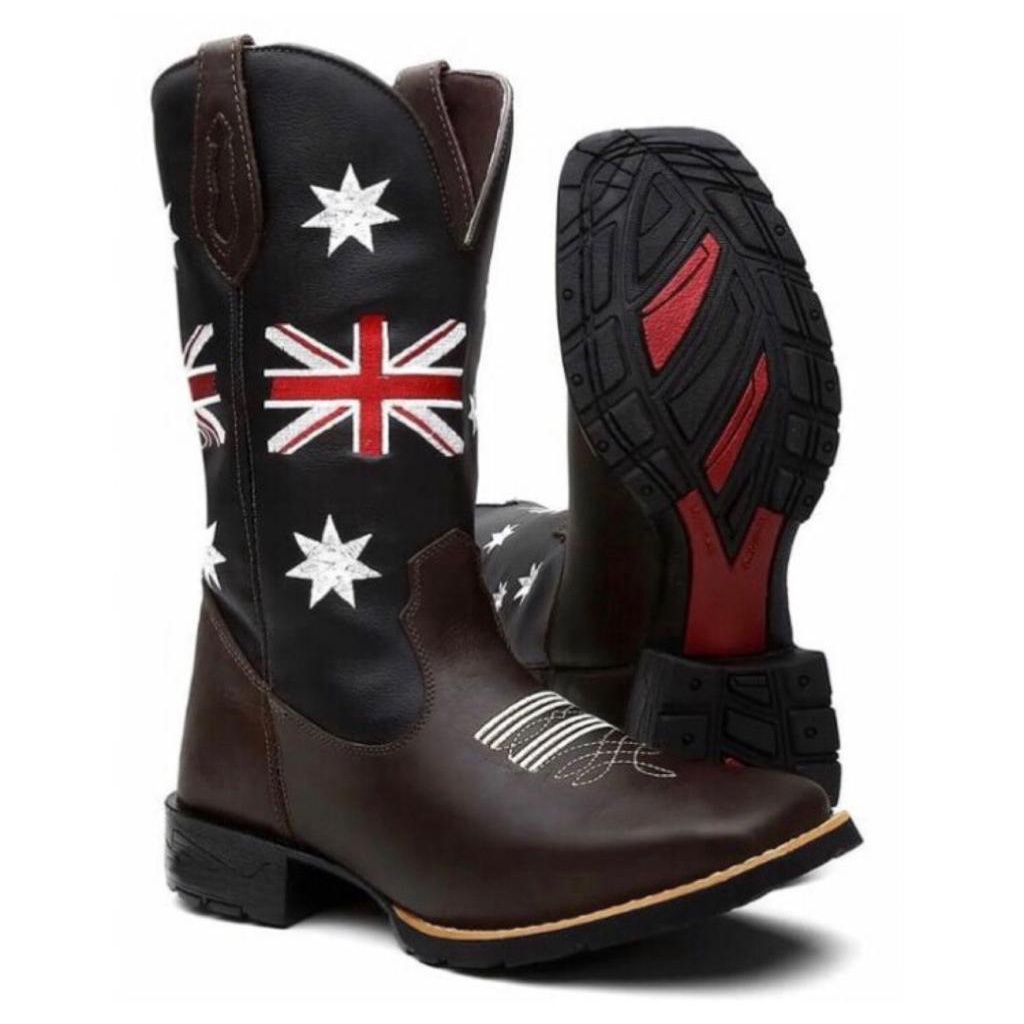 Bota Texana Masculina Country Bico Quadrado Em Couro Solado De Borracha Costurado Inglaterra