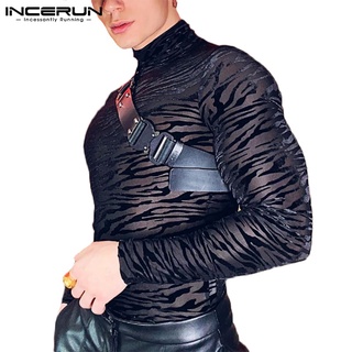 INCERUN Top/Camisa Masculina Moderna Com Estampa De Zebra/Manga Longa/Transparente/Slim Fit Para Clube