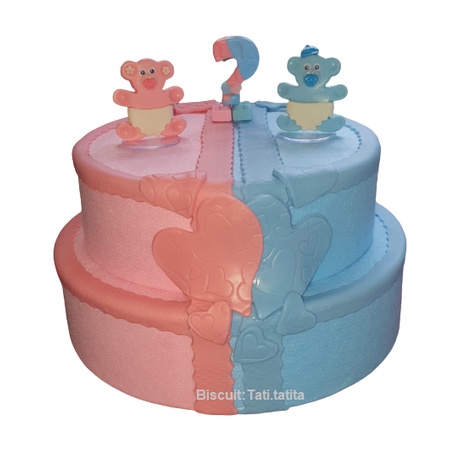 Bolo de isopor e Biscuit Fake Cenográfico Chá Revelação Ursinhos Rosa E Azul Menina ? ou Menino?