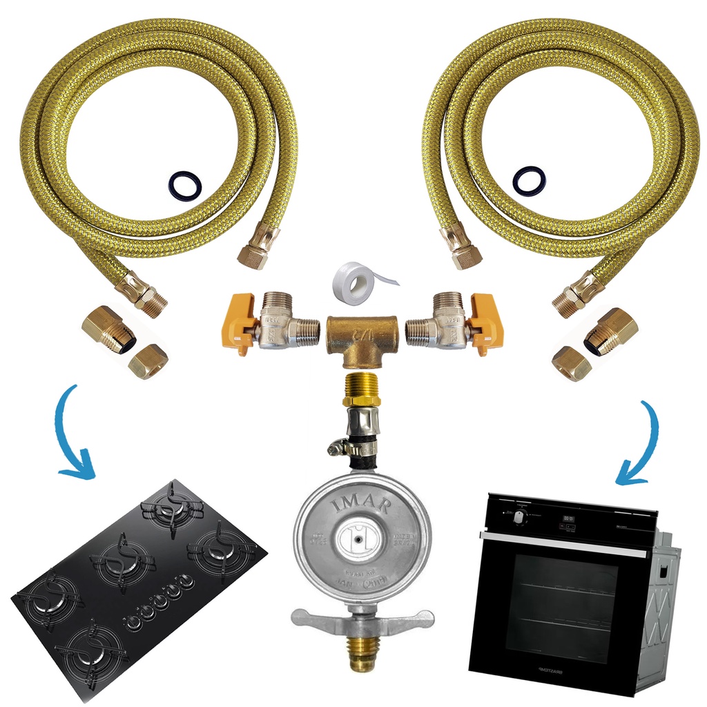 Kit Gas uso duplo Cooktop e Forno com regulador 1kg para botijão Mangueiras de Aço Inox