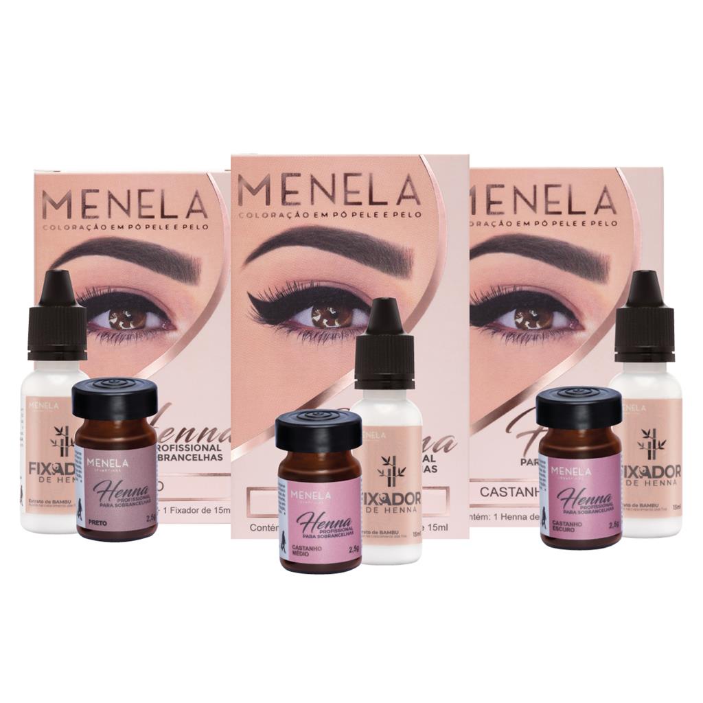 Kit 3 Henna Profissional Sobrancelhas Menela Preto + Castanho Medio + Castanho Escuro em Oferta na Shopee