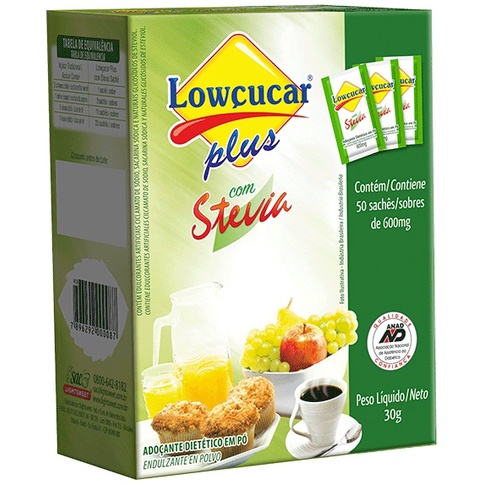 Adoçante Dietético Lowçucar Plus com Stevia pó 50sachês 600mg 30g