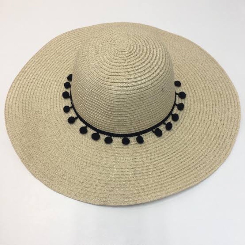 chapéu floppy palha com pomPom fazer eminino aba larga proteção solar moda praia , piscina e viagem.