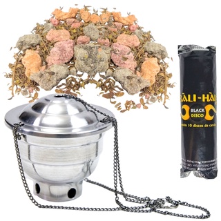 Kit Defumação Turíbulo de Alumínio com 50g de Incenso Resina 7 Ervas Naturais - Incensario Meditação Limpeza Espiritual Terreiro Lar