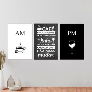 Kit 3 Placas Decorativas AM PM Cozinha Café e Vinho 20x30cm Cantinho Gourmet