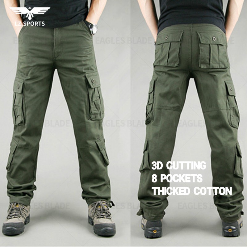 Calças de carga táticas masculinas S8/30-44 Camuflagem Multi Bolso Solto Corte Reto Algodão Respirável Antifaca Resistente ao Desgaste Trekking Exército Combate Esporte Ao Ar Livre Caça