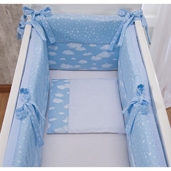 Kit Para mini Berço Bebe Menino Azul bebe Nuvens Céu 5pç Protetor para Mini Berço Bebê Menino Nuvens Azul Bebê