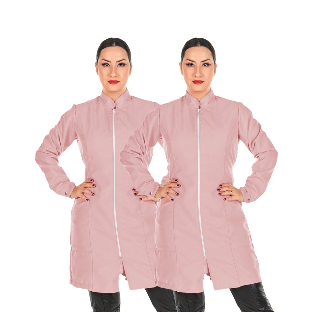 Kit 2 Jalecos Oxford Básico Zíper Manga Longa Rosa Bebê Esteticista Salão de Beleza Consultório Clínica Profissional
