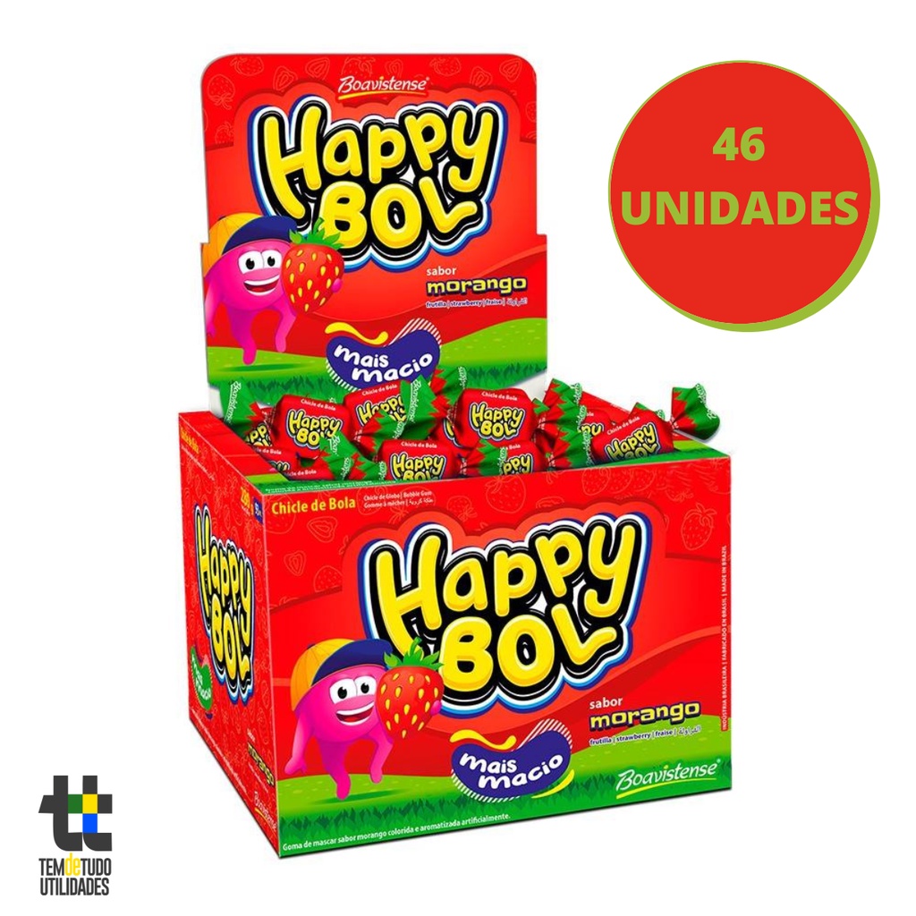 Chiclete Happy Bol Sabor Morango Mais Macio Caixa Com 46 Unidades Florestal