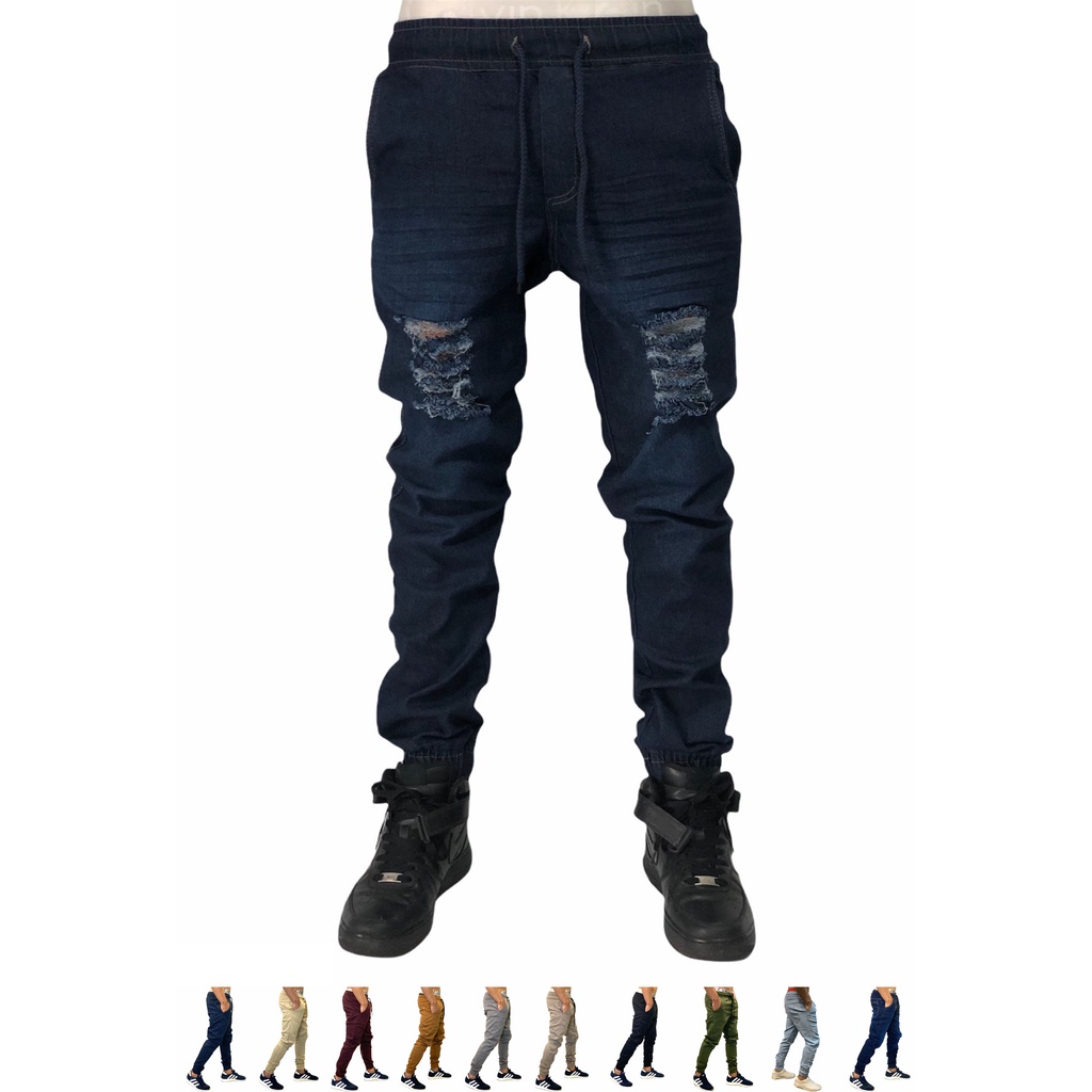 Calça Jogger Masculina Track Pants Fitness Rasgada Jeans Escuro - Pronta Entrega