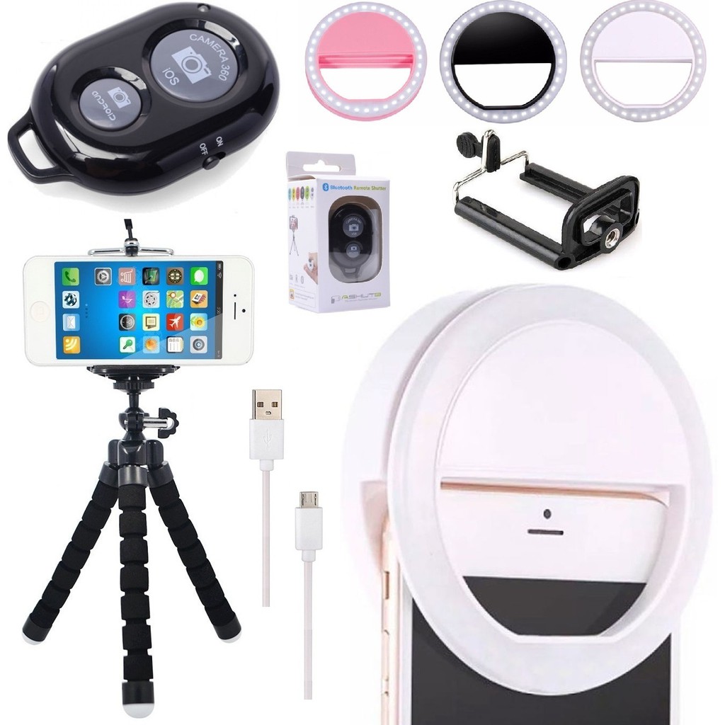 Kit Youtuber Mini Tripé Flexível Para Celular + Iluminação Led Controle Disparador Bluetooth Universal