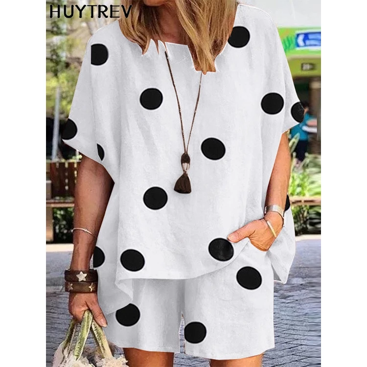 Conjunto Feminino De Linho E Algodão Com Gola Redonda Manga Curta/Estampa De Bolinhas/Roupa Casual Top Short 2 Pçs — imagem 1