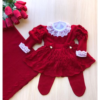 Saida maternidade menina vermelha vestido bufante tricot 4 peças