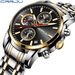 CRRJU Relógios Masculinos Marca Luxuosa Original Aço Inoxidável Apontador Luminoso Multifuncional Moda Negócios Casual Esportes Quartzo A Prova D'água 2301 XS