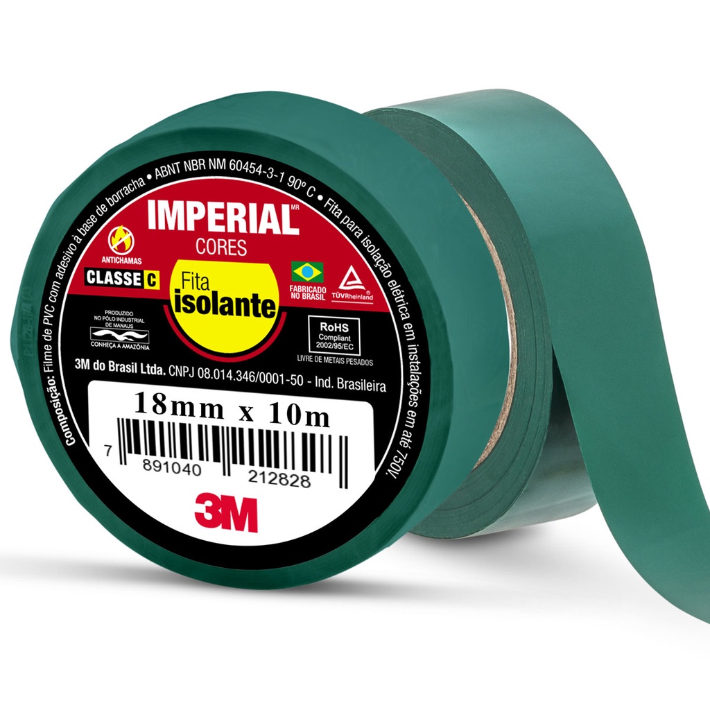 Fita Isolante Verde 10 Metros x 18mm Imperial Cores Uso Geral 3M - Home & Living
