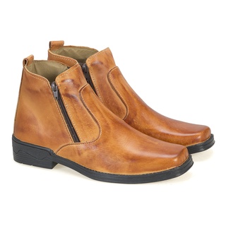 Bota Botina em Couro legítimo Caramelo Casual de zíper Social Clássica 100% couro Lançamento Ref 460 Caramelo