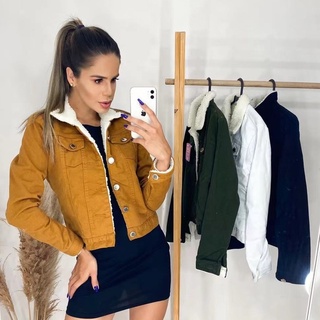 Jaqueta coloridos Feminina Jeans com forro Alpaca forro peludo