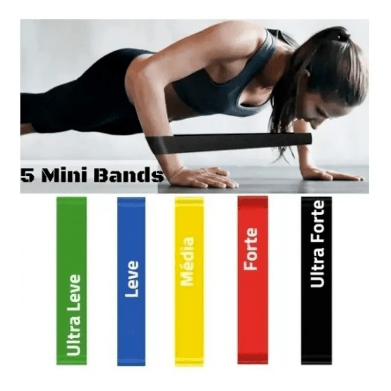 Kit 5 Faixas Elásticas Funcional Pilates Fisioterapia Elástico c 5 Níveis Forte Academia Alongamento