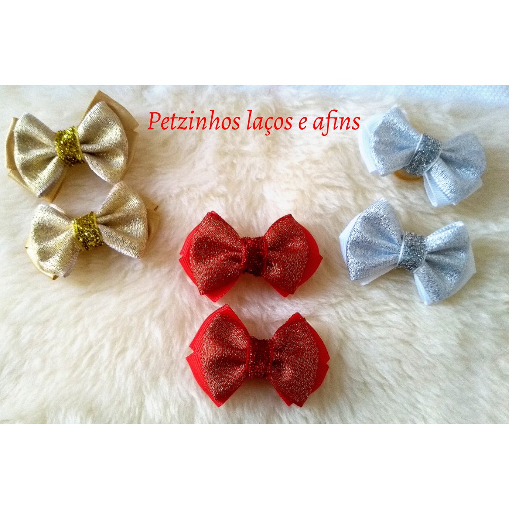 Acessório pet - Parzinho de lacinhos duplos de fita gorgurão e cetim com lurex com borracha pet, Natal e Réveillon.