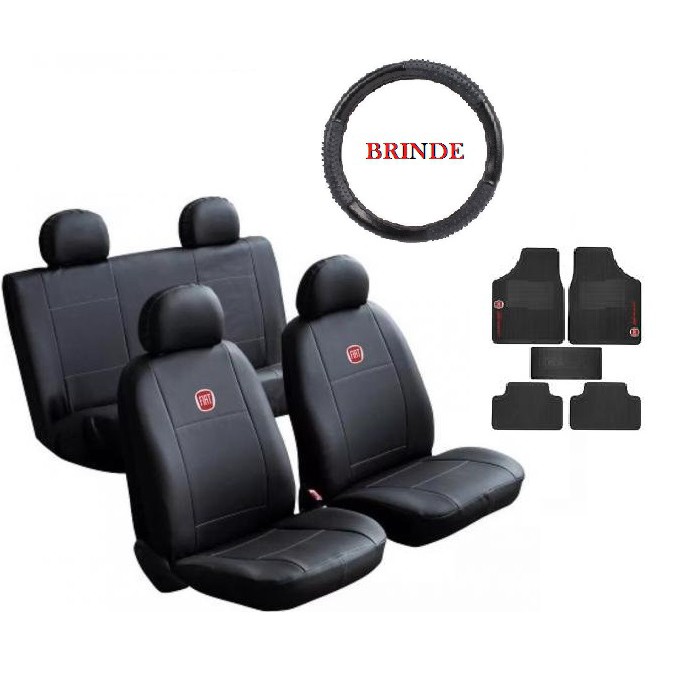 Kit Capa Para Banco Interior Automotivo Couro Courvin Universal + Jogo De Tapete Automotivo 5 Peças Interior Carro Universal + Brinde Capa De Volante Universal Fiat Palio 2003