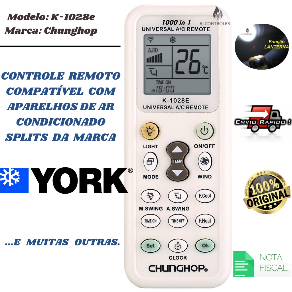 Controle Remoto Universal para Ar Condicionado York e muitas outras marcas