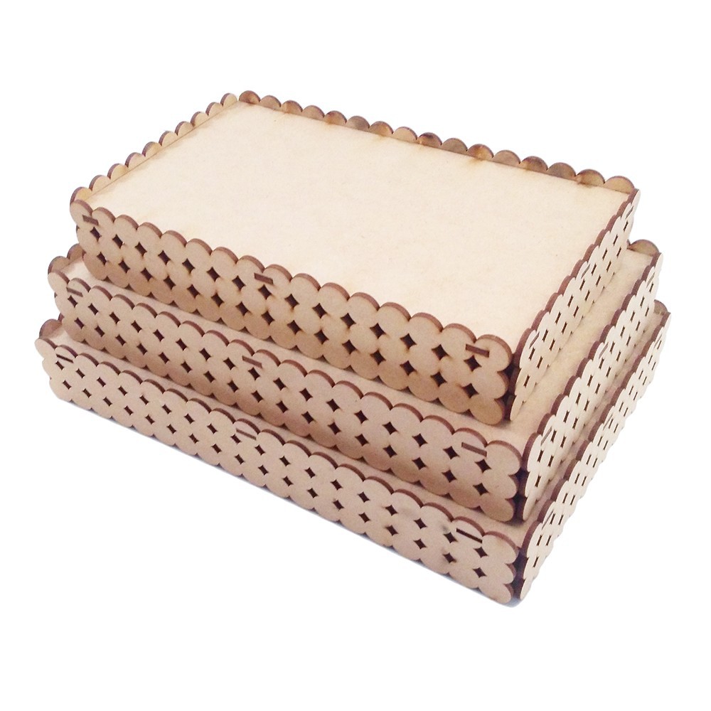 Trio Bandejas Perola Retangular Decoração Festa Mdf Crú em Oferta na Shopee