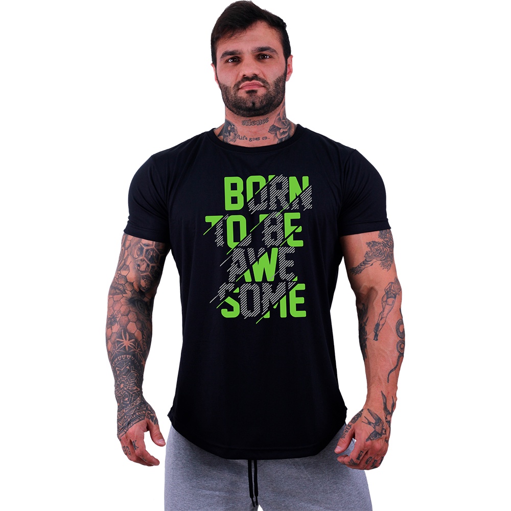 Camiseta Longline Masculina MXD Conceito Born To Be Awesome Motivação Academia Halteres Camiseta