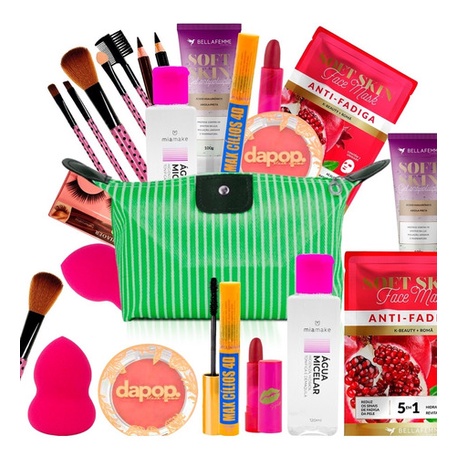 Kit De Maquiagem Batom Blush Esponja Rímel Pincel Completo