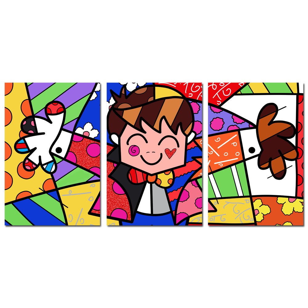 Kit Quadro Decorativo 3 Peças Abraço Hugh Romero Brito Abstrato Colorido Vintage Minimalista Geometria Famoso