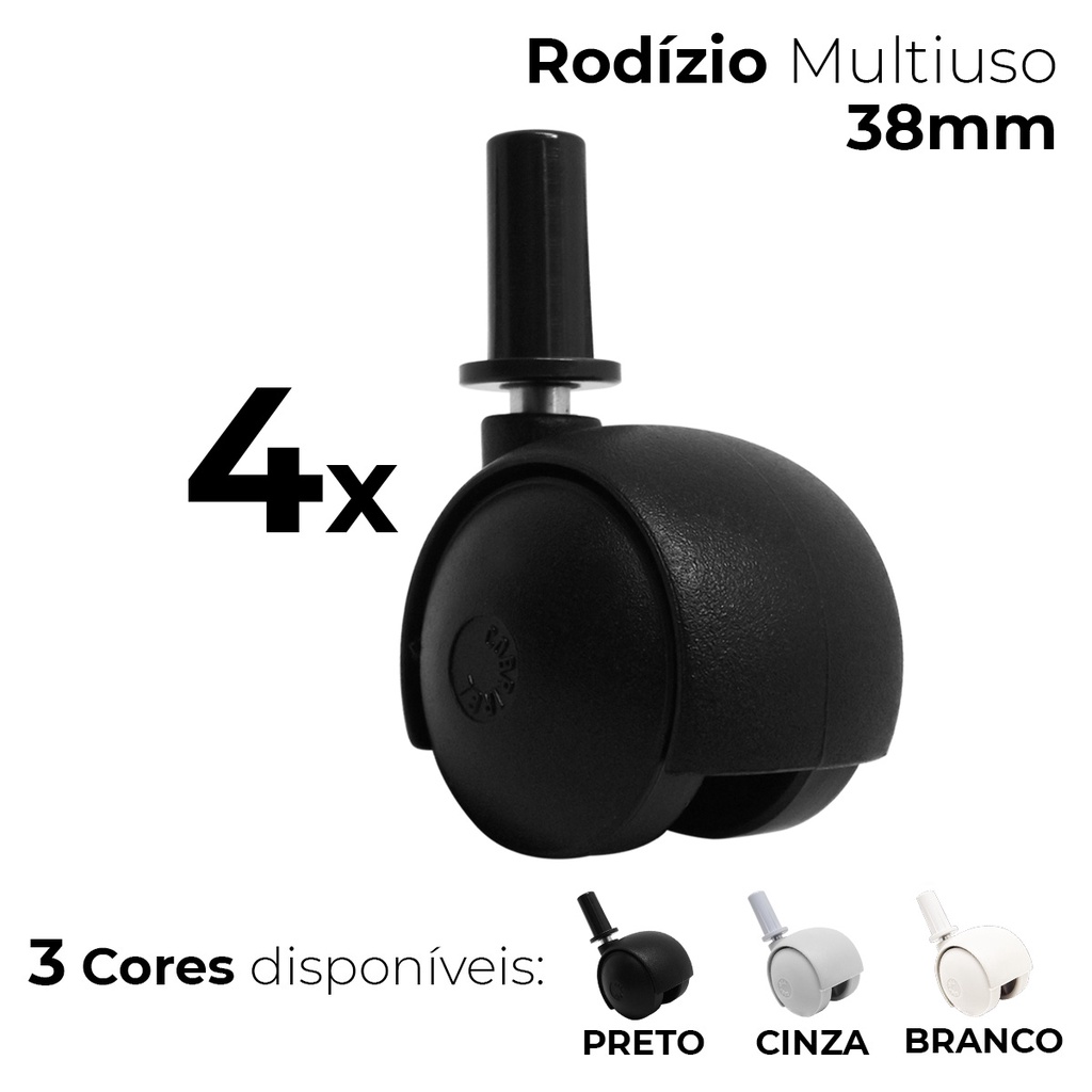 Kit C/ 4 Rodízios Rodinha Giratória com Fixador e/ou Bucha 38mm C/ Bucha  -  3 Modelos e Cores
