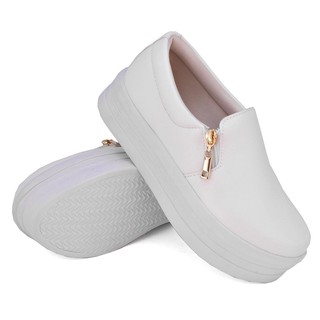 Slip On Iate Plataforma Tenis Casual Enfermeira Feminino DKshoes Mod. Zíper Lateral Todo Branco