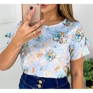 Blusa Feminina de Tecido Moda Evangélica Com Estampa Floral, Blusinhas Estampadas Leves e Frescas.