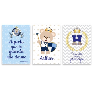 Kit Quadros Decorativos Ursinho Realeza Quarto de Bebê com Nome Personalizado Infantil 3 peças PQF0-09 em Oferta na Shopee