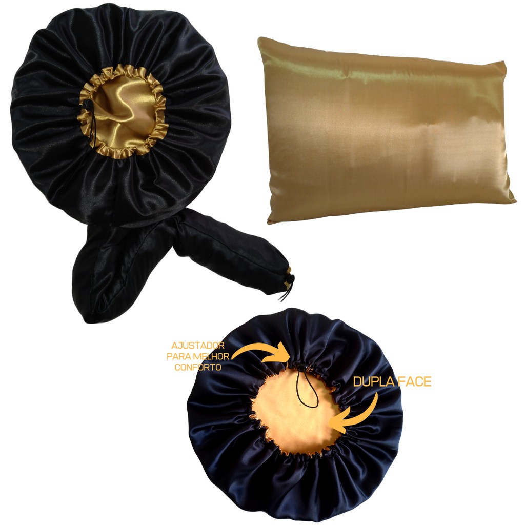 TOUCA DE DORMIR SEDA CETIM DUPLA FACE ANTI FRIZZ + TOUCA DIFUSORA ANTI FRIZZ PARA SECAR CABELO + FRONHA DE SEDA CETIM
