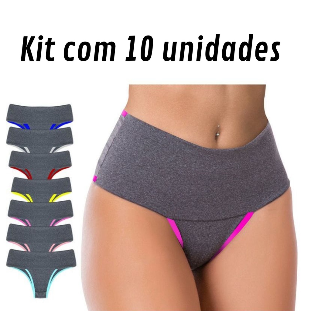 Kit 10 Calcinhas Fitness Cintura Alta Forro 100% Algodão