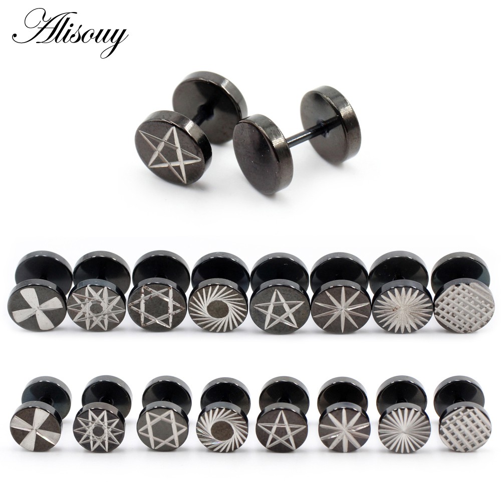 Alisouy 2 Peças Punk Preto Aço Inoxidável Redondo Escultura Estrela Cruz Mulheres Homens Barra Orelha Brincos De Haltere