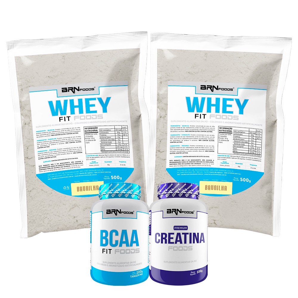 2x Whey Protein Concentrado em Blend Fit Foods 500g + BCAA Fit 100g + PREMIUM Creatina 100g - BRN Foods