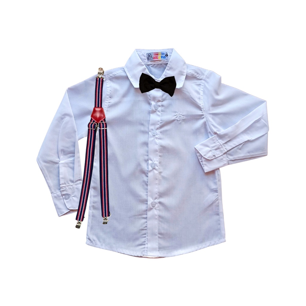 Roupa Infantil Masculina Camisa Social Manga Longa Cores + Kit Suspensório com Gravata Borboleta