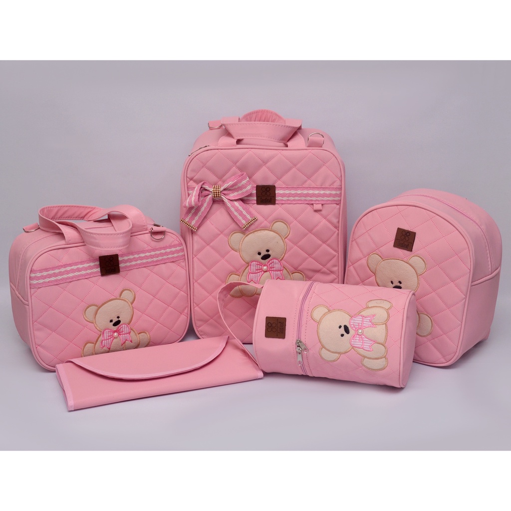 Kit Bolsa Mala Maternidade Feminino 5 Peças Rosa Urso Para Bebê Melhor Preço