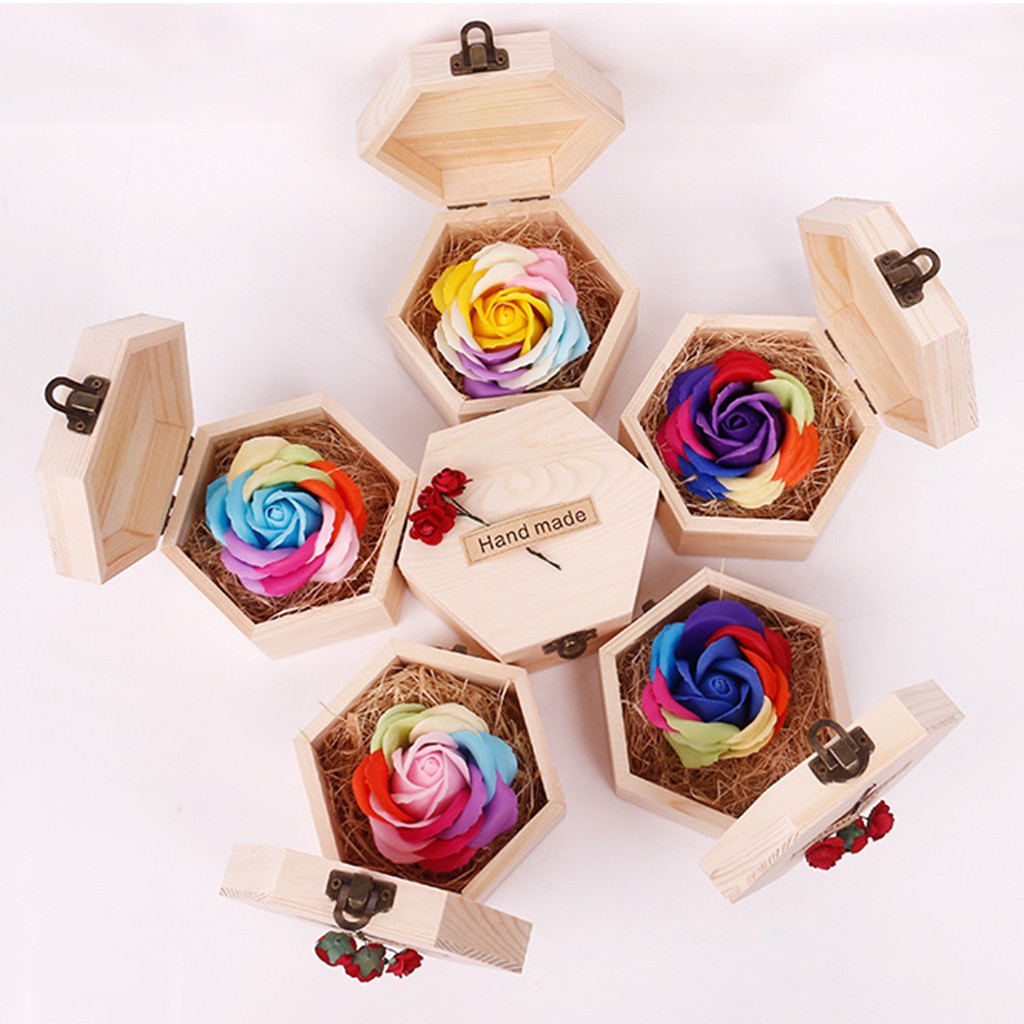 Caixa de madeira do hexágono Simulação de flor de sabão Rosa colorida  Pequena caixa de madeira | Shopee Brasil