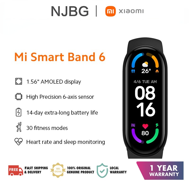 Xiaomi Mi Band 6 Pulseira Inteligente 5 Cores Tela AMOLED Miband 6 Sangue Oxigênio Fitness Tracker Bluetooth Impermeável Banda Inteligente