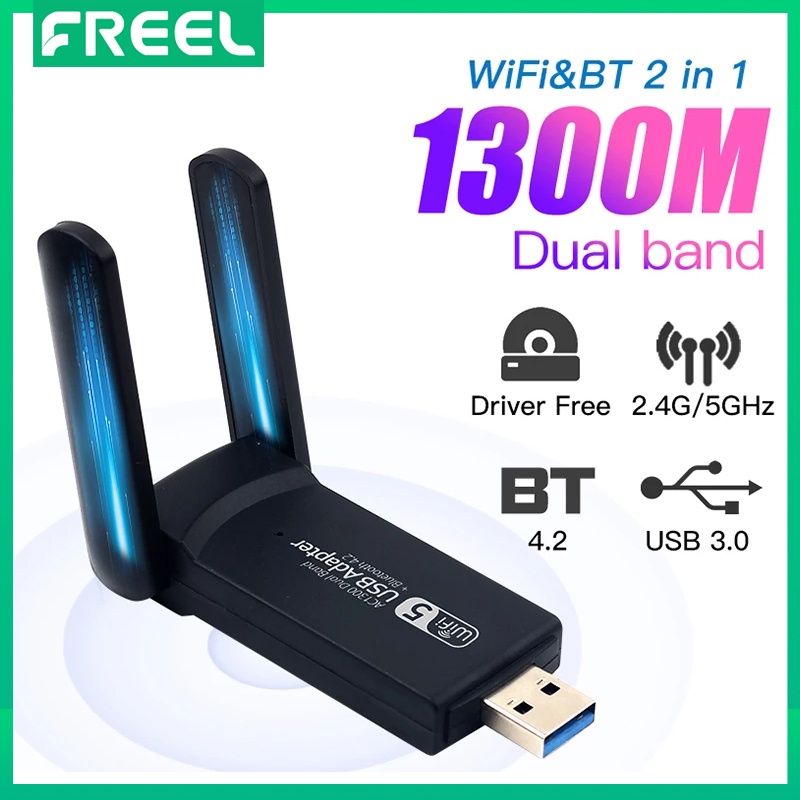 FREEL Receptor Sem Fio WiFi USB 3.0 1300Mbps Bluetooth 4.2 Dual-Band 2.4Ghz & 5Ghz Para PC Desktop Laptop Placa De Rede