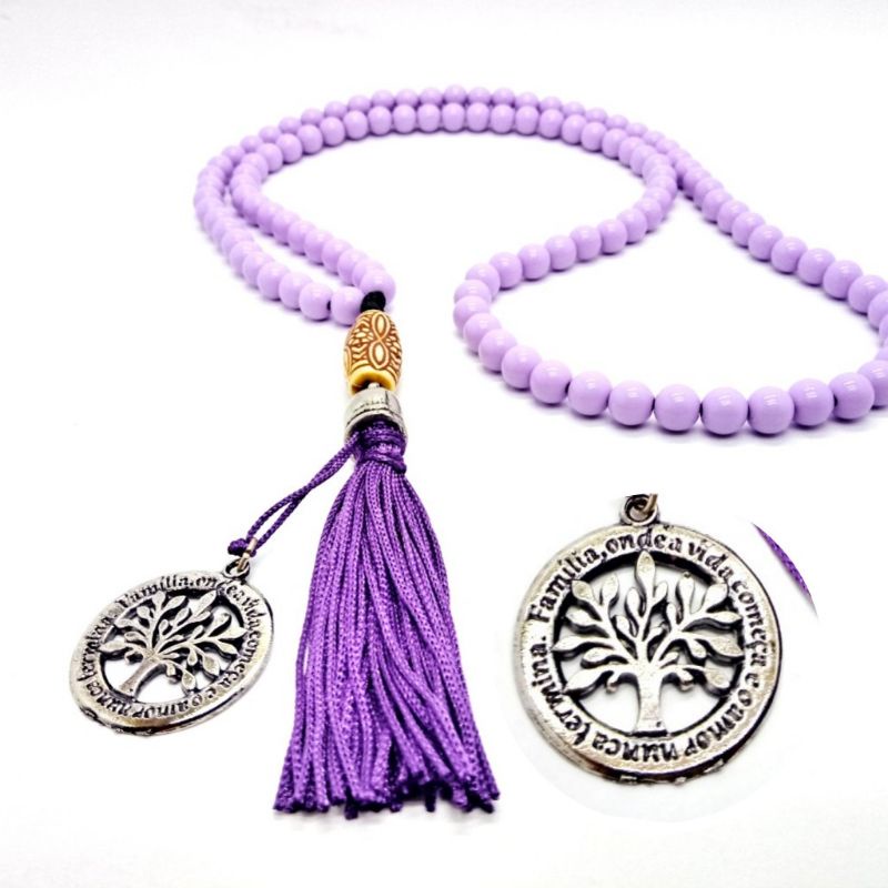 Imagem Japamala 108 Contas Acrílico Lilás Com Pingente Árvore Da Vida Com Dizeres Rosário Budista Ref:232