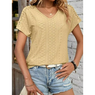 Moda V Blusas De Pullover De Pescoço Em Para Mulheres 2023 Summer New Solid Short Sleeve Hollow Out Casual Shirt Mujer Elegantes