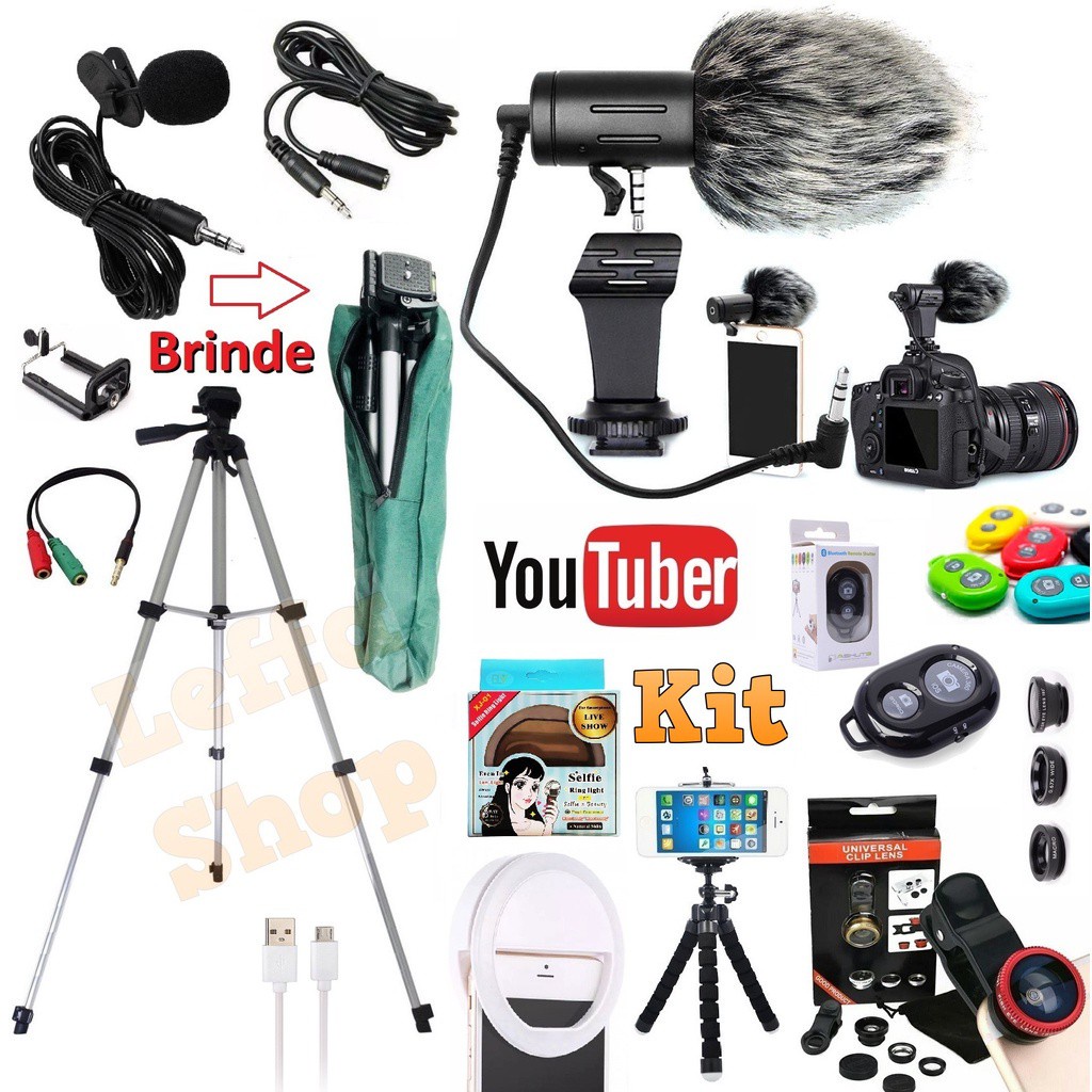 Kit Youtuber Lapela + Microfone Direcional Condensador Shotgun Celular Câmera Dslr Tripé 1,30m Profissional Flash Lentes